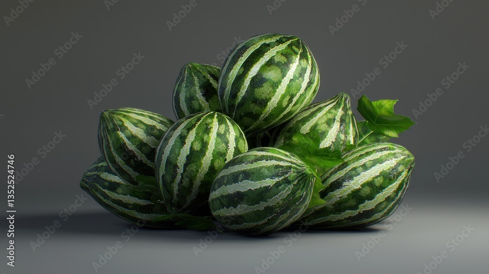 Striped melons pile, studio shot, dark background, still life Striped melons pile, studio shot, dark background, still life