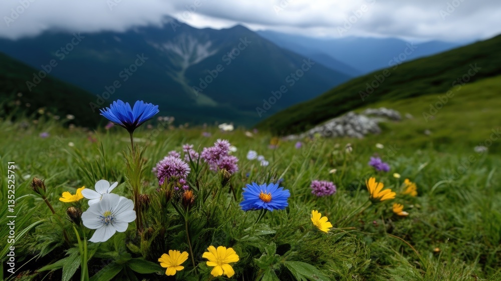 Fototapeta premium Colorful wildflowers bloom in a green alpine meadow with misty mountains in the background.