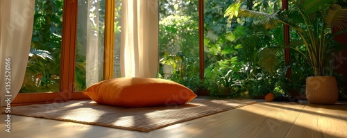 Explore this inviting minimal bohemian apartment, designed with comfort and style in mind Sunlight streams through the windows, highlighting the warm earth-tone cushions scattered across the sunlit