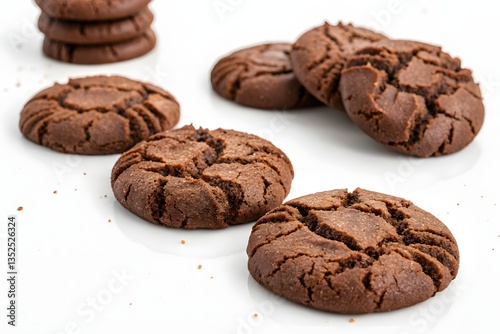 Delicious brown chocolate chip cookies, a sweet baked snack isolated on a white background
