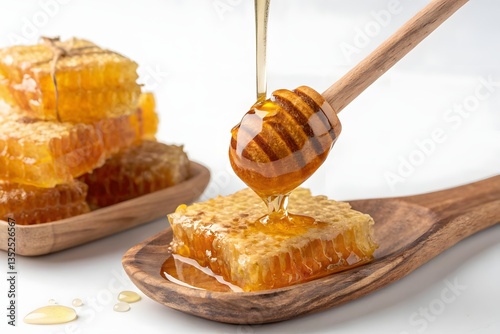 Golden honey in a glass jar with honeycomb and a wooden dipper