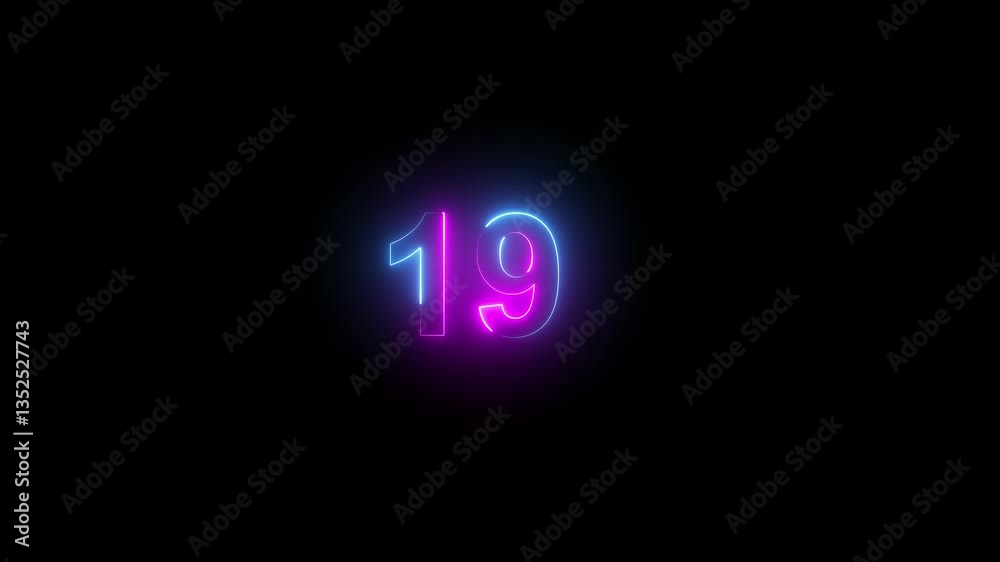 Glowing neon text number 19 Isolated on Black Background Glowing neon text number 19 Isolated on Black Background