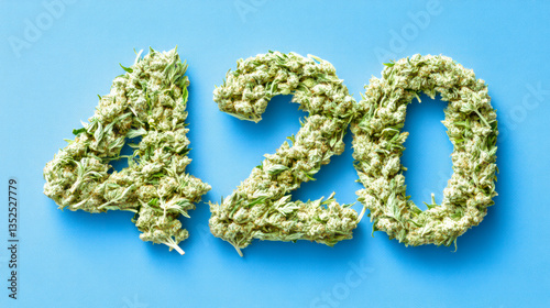 Number 420 made of marijuana flowers on blue background. Symbol of marijuana smoking culture
