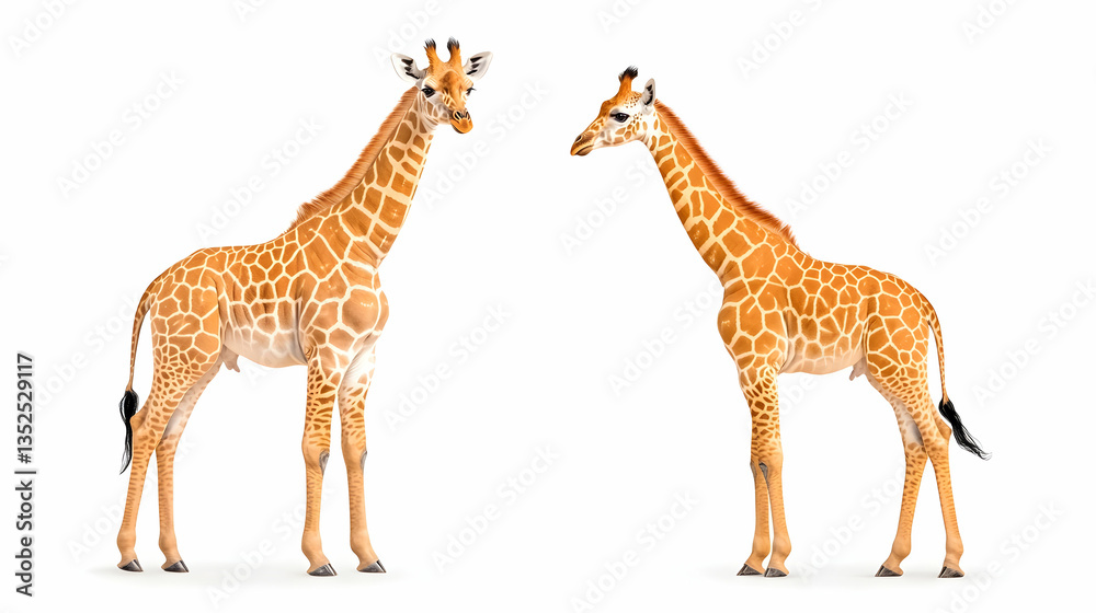 Obraz premium Two young giraffes facing each other on white background, perfect for children's books or wildlife documentaries