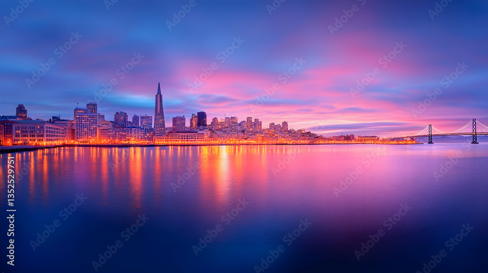 Fototapeta premium Vibrant sunrise cityscape, waterfront reflection, tranquil bay, city skyline