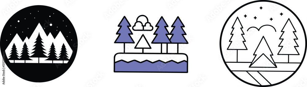 Obraz premium Night Sky, Mountains, Pine Trees, Camping, Nature, Winter, Forest, Icons, Landscape, Scenery