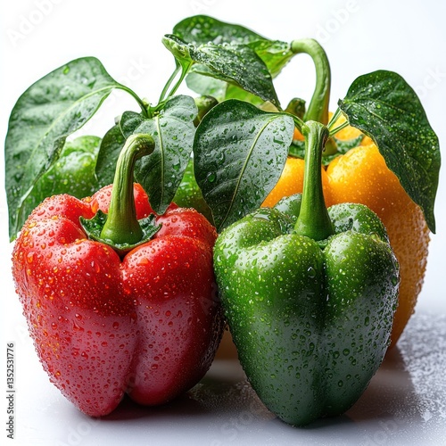 Vibrant Trio of Bell Peppers with Dew Drops