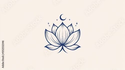 Lotus flower illustration with crescent moon and stars on a beige background