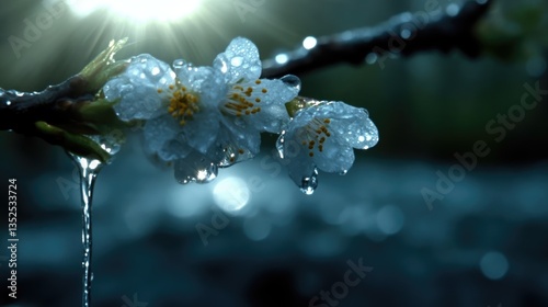 White spring blossoms covered in melting ice and water droplets on a branch backlit by sunlight.