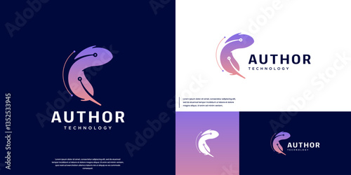 author logo with technology feather pen concept, legal symbol, history, digital services, vector graphic template.