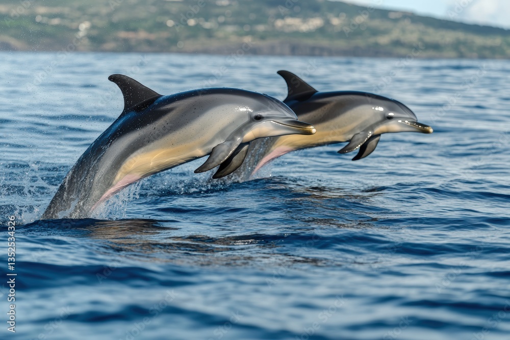 Obraz premium Dolphins jumping gracefully in the blue ocean under a bright sky