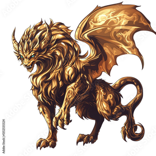 Bild auf Leinwand Golden mythical chimera with a fierce stance - legendary hybrid creature, isolat