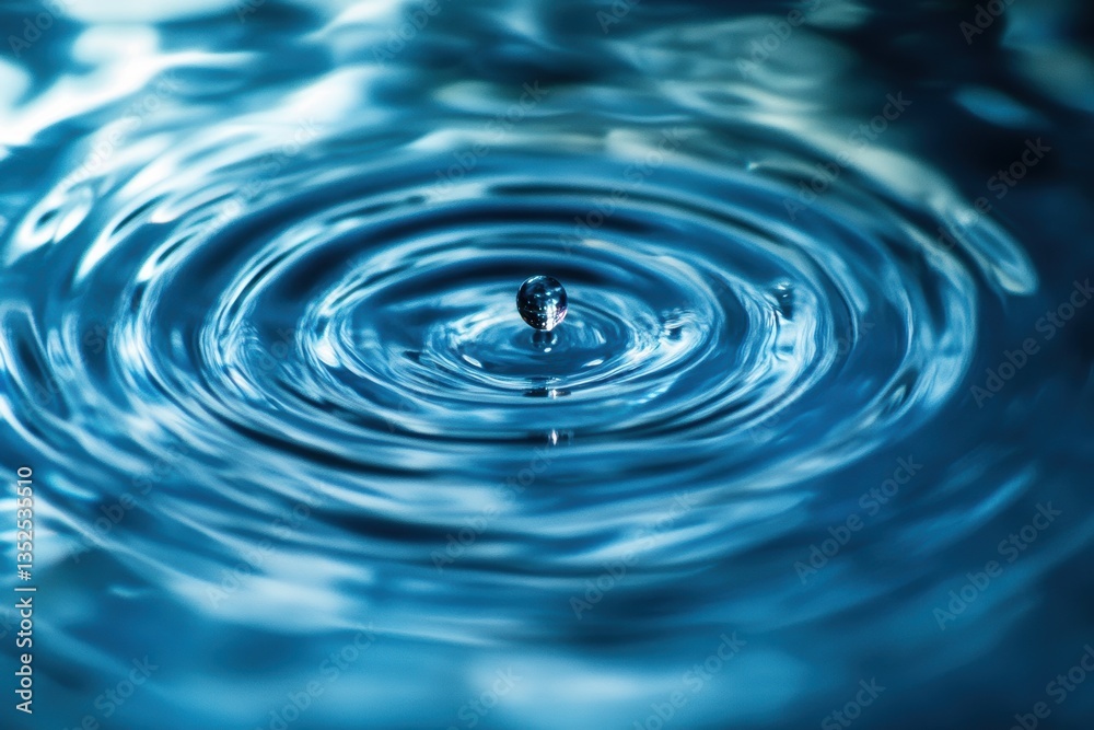 Close-up of water droplet creating ripples in clear blue liquid at high resolution Close-up of water droplet creating ripples in clear blue liquid at high resolution