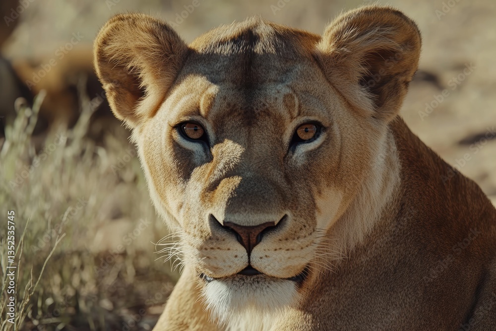 Fototapeta premium Close-up of a lion resting quietly in the savanna during a warm afternoon