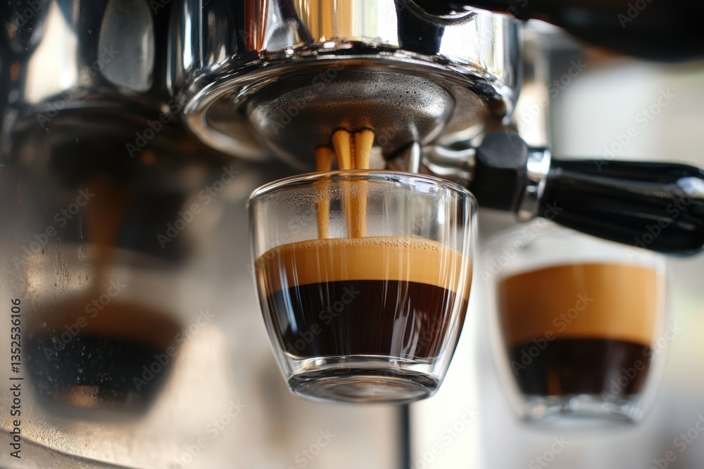 Espresso extraction in high resolution shows rich crema and dark brew close-up Espresso extraction in high resolution shows rich crema and dark brew close-up