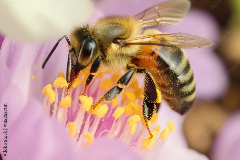 Close-up view of a bee gathering pollen from a blooming flower in full detail Close-up view of a bee gathering pollen from a blooming flower in full detail