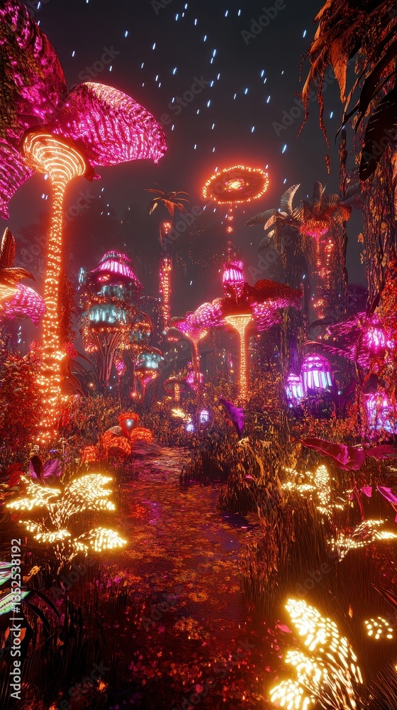 An illuminated forest with glowing flora under a starry sky