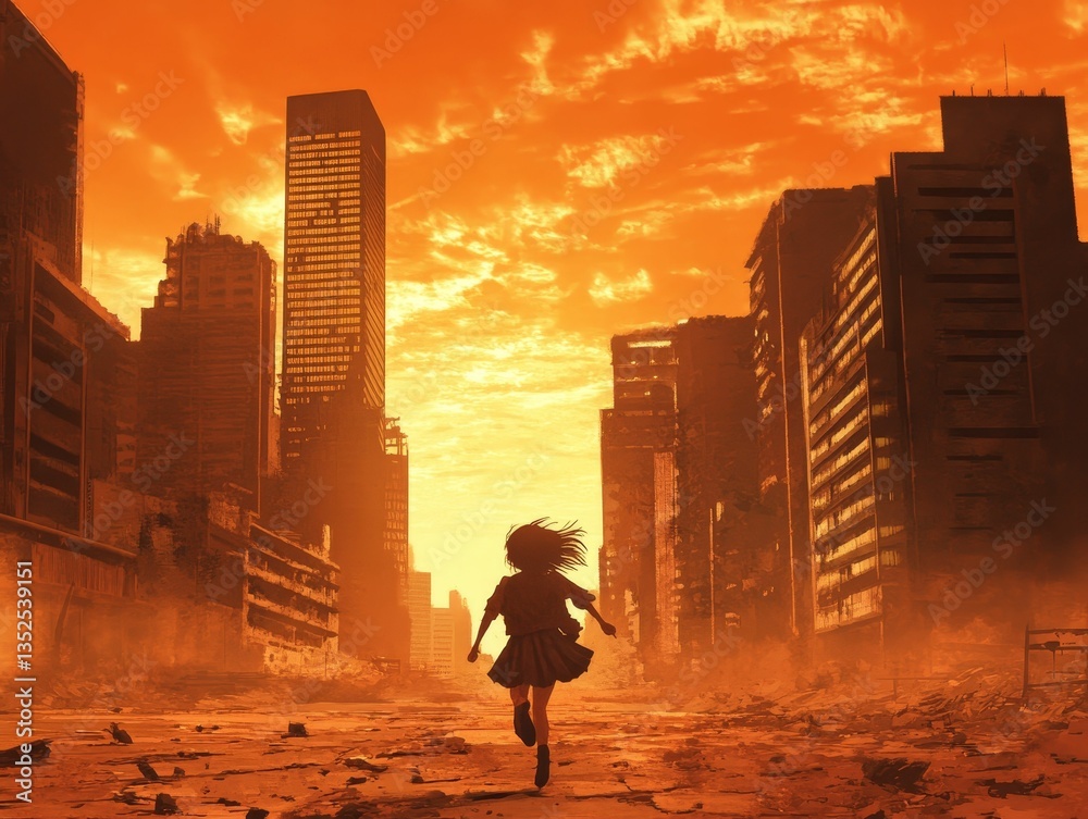 Fototapeta premium Girl runs through desolate orange destroyed city.