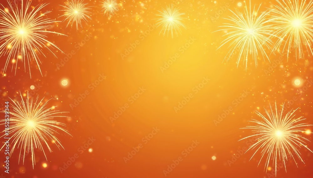Naklejka premium Vibrant illustration features bright orange backdrop with bursting fireworks. Dynamic scene perfect for celebrations events. Festive abstract design ideal for greeting cards, posters, party
