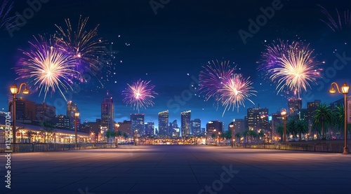 A nighttime cityscape featuring fireworks above, with a spacious square, road surface, and parking lot below, ideal for a car advertisement. The image showcases a modern commercial setting, capturing 