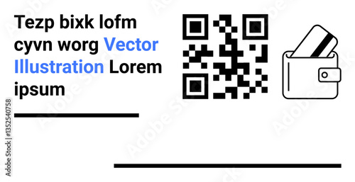 QR code flanked by text block and wallet with credit cards. Ideal for payment solutions, digital wallets, e-commerce, fintech, marketing materials, user guides, and educational landing page