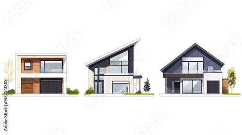 Modern house designs featuring clean lines and unique architectural styles in a bright outdoor setting