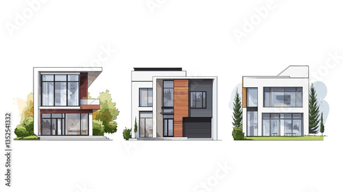 Modern architectural illustration showcasing three distinct house designs with clean lines and unique facades