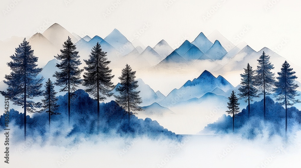 Obraz premium Serene Blue and Gray Mountain Watercolor Landscape