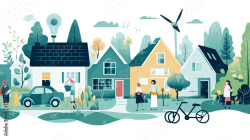 A set of green energy illustrations depicting individuals promoting eco-friendly homes, electric vehicles, and the benefits of a circular economy in a renewable energy context
