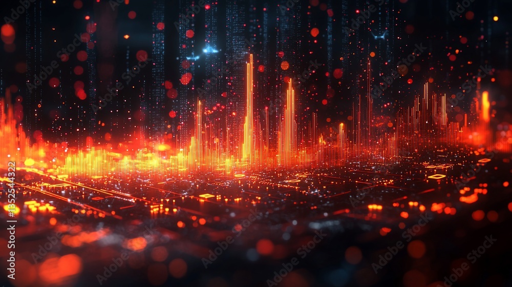 Obraz premium Futuristic city burning with digital rain.