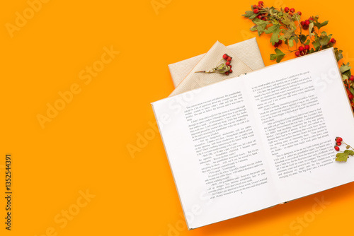Books and rose hip branch o...
