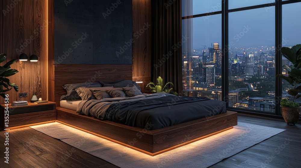 a modern bedroom interior with a city view a modern bedroom interior with a city view