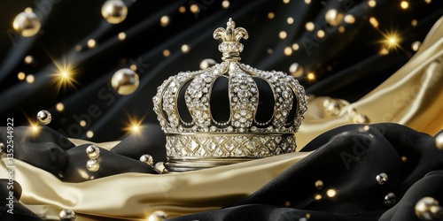 A bejeweled crown rests on a luxurious golden fabric