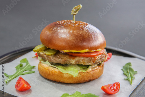 Wallpaper Mural Hamburger in a restaurant on a tray and parchment paper, there are also arugula and tomatoes on the paper Torontodigital.ca