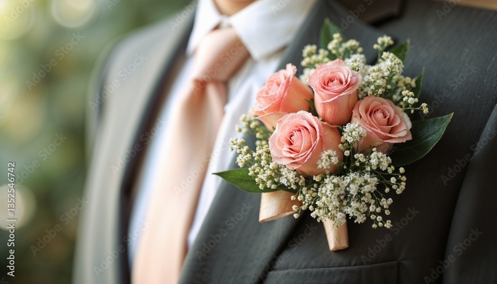 Groom wearing a stylish boutonniere with pink roses and greenery
