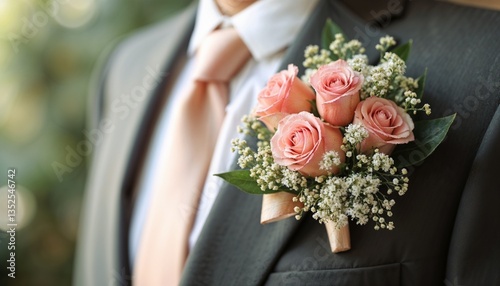 Obraz na płótnie Groom wearing a stylish boutonniere with pink roses and greenery w salonie