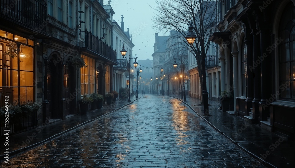 Misty evening street with vintage lamps and wet pavement, atmospheric scene