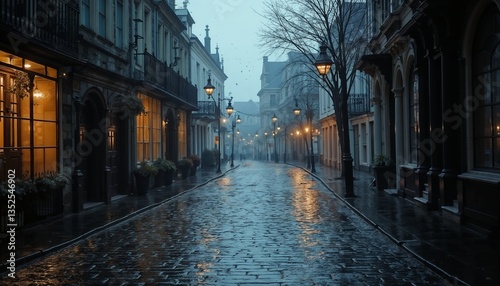 Obraz na płótnie Misty evening street with vintage lamps and wet pavement, atmospheric scene w salonie