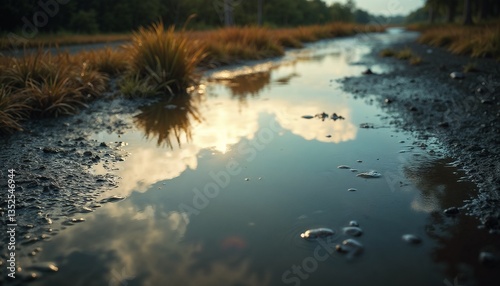 Serene wetland with reflective water and grasses under a cloudy sky, nature landscape