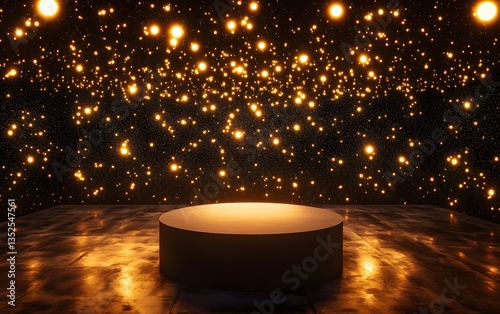 A podium floating inside an artistic infinity room, surrounded by endless reflections and lights