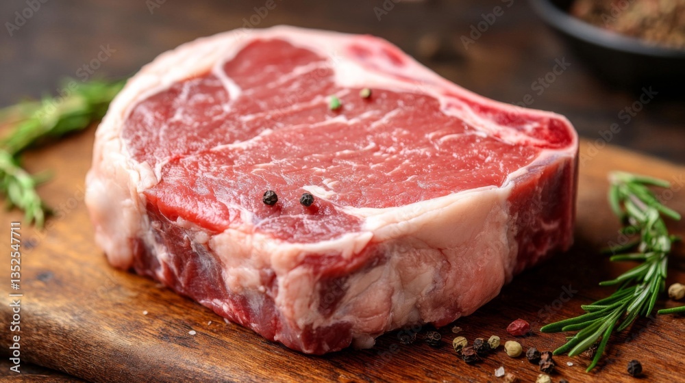 Raw Ribeye Steak on Wooden Board with Spices Raw Ribeye Steak on Wooden Board with Spices