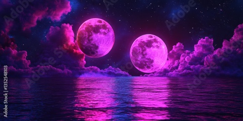 Two luminous moons are reflected on the water under starry skies