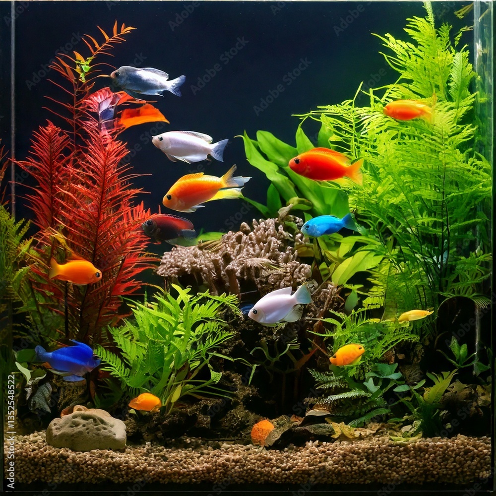 Freshwater nano aquarium with many different colorful fish and plants
