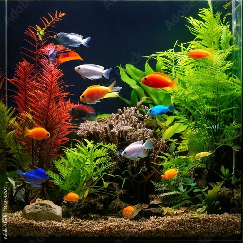 Obraz na płótnie Freshwater nano aquarium with many different colorful fish and plants w salonie