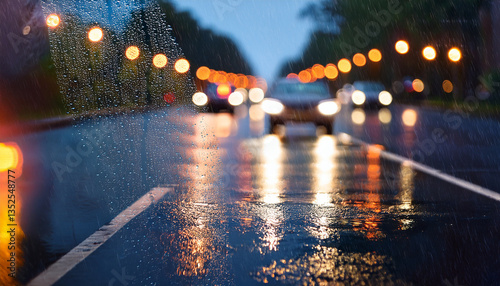 trafico de automóviles en una calle de ciudad por la noche bajo la lluvia con luces de faros y ambiente mojado photo