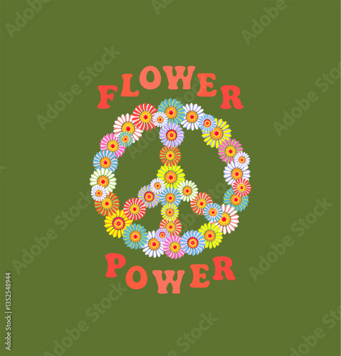 Fashion shirt print in 70s 60s style on olive background with Peace and love hippie symbol with colorful flowers daisy.eps