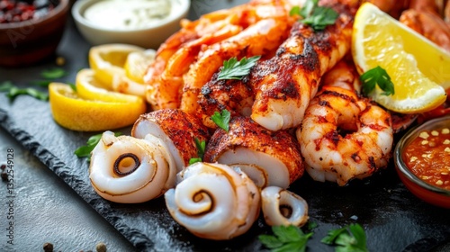 Grilled Seafood Platter with Lemon and Parsley