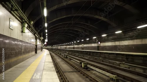 Train Arriving at Underground Station During the Late Evening, With Bright Headlights Illuminating the Tracks, Featuring a Tile Platform With Overhead Lights