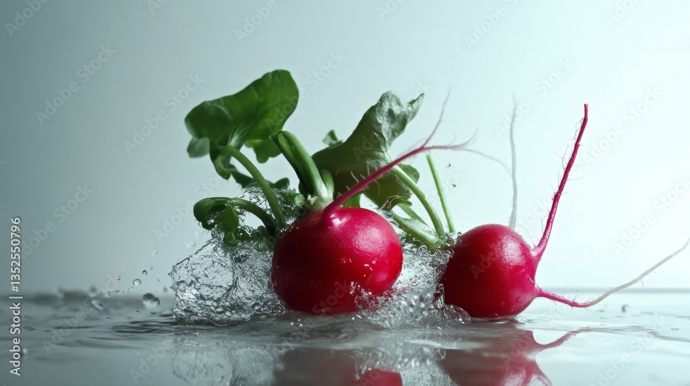 Two Red Radishes Splashing in Water
