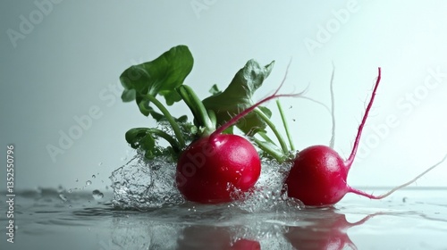 Two Red Radishes Splashing in Water